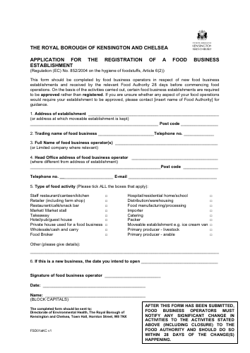 Application Form for Registration of Food Premises