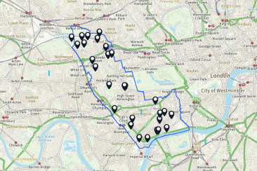 image of the borough outline on a base map of west London. Within the borough boundaries are a collection of map pins indicating the location of the borough's parks and open spaces
