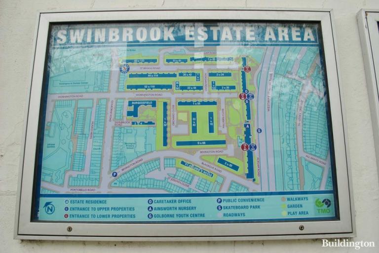 blue and green estate map enclosed in a notice board