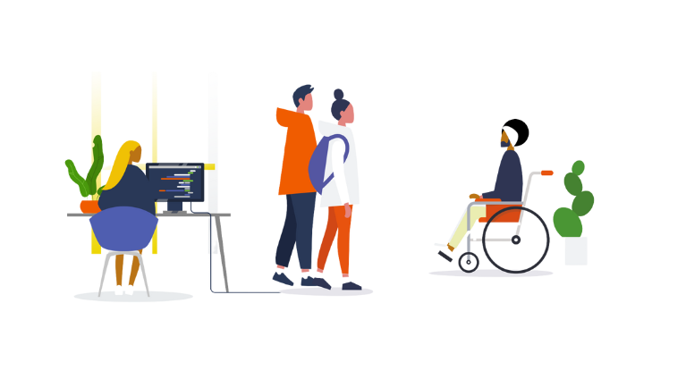 llustration of people working and talking, including a wheelchair user