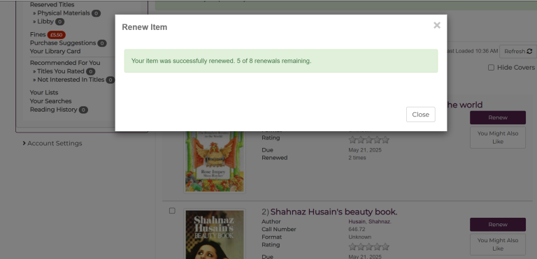 Screenshot of library catalogue showing green box containing successful renewal message