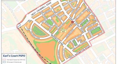 A map showing an outline of the Earl's Court PSPO area