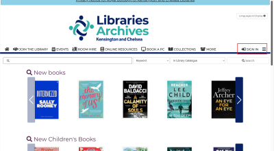 Screenshot showing library catalogue homepage with thumbnail images of a selection of books 