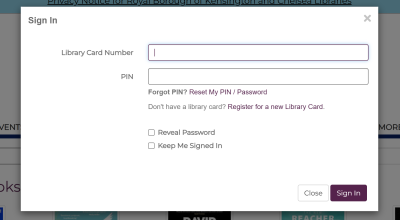Screenshot showing the information required to sign into the library catalogue - library card number and PIN