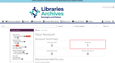 Screenshopt of library account summary displaying user information