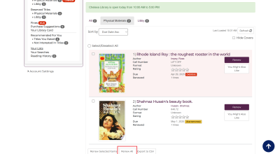 Screenshot of library catalogue showing position of the renew all button at the bottom of the screen
