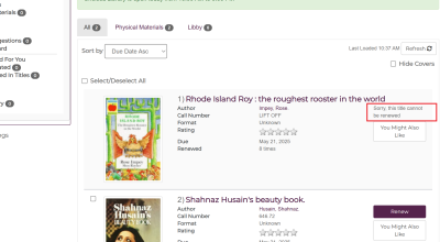 Screenshot of library catalogue showing message that is displayed when an item is unable to be renewed